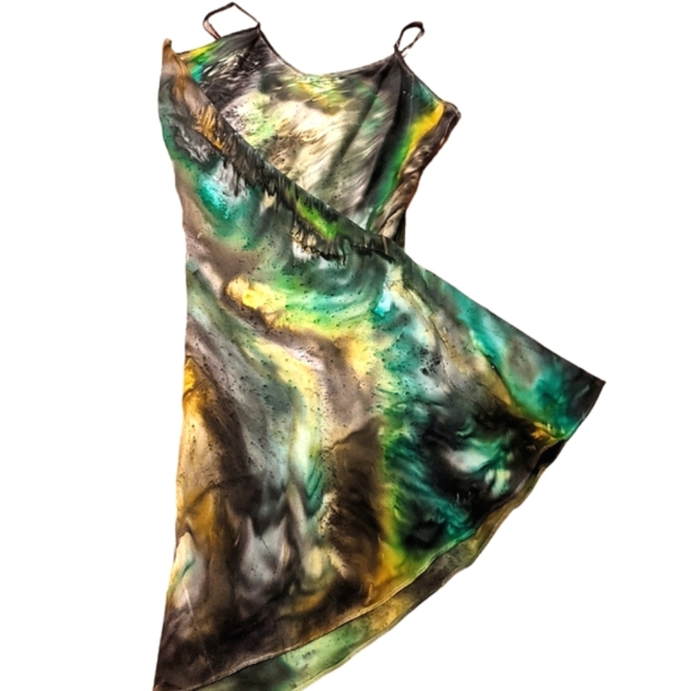Handpainted singned Satin Dress.One of a kind Original. Boho one of a kind